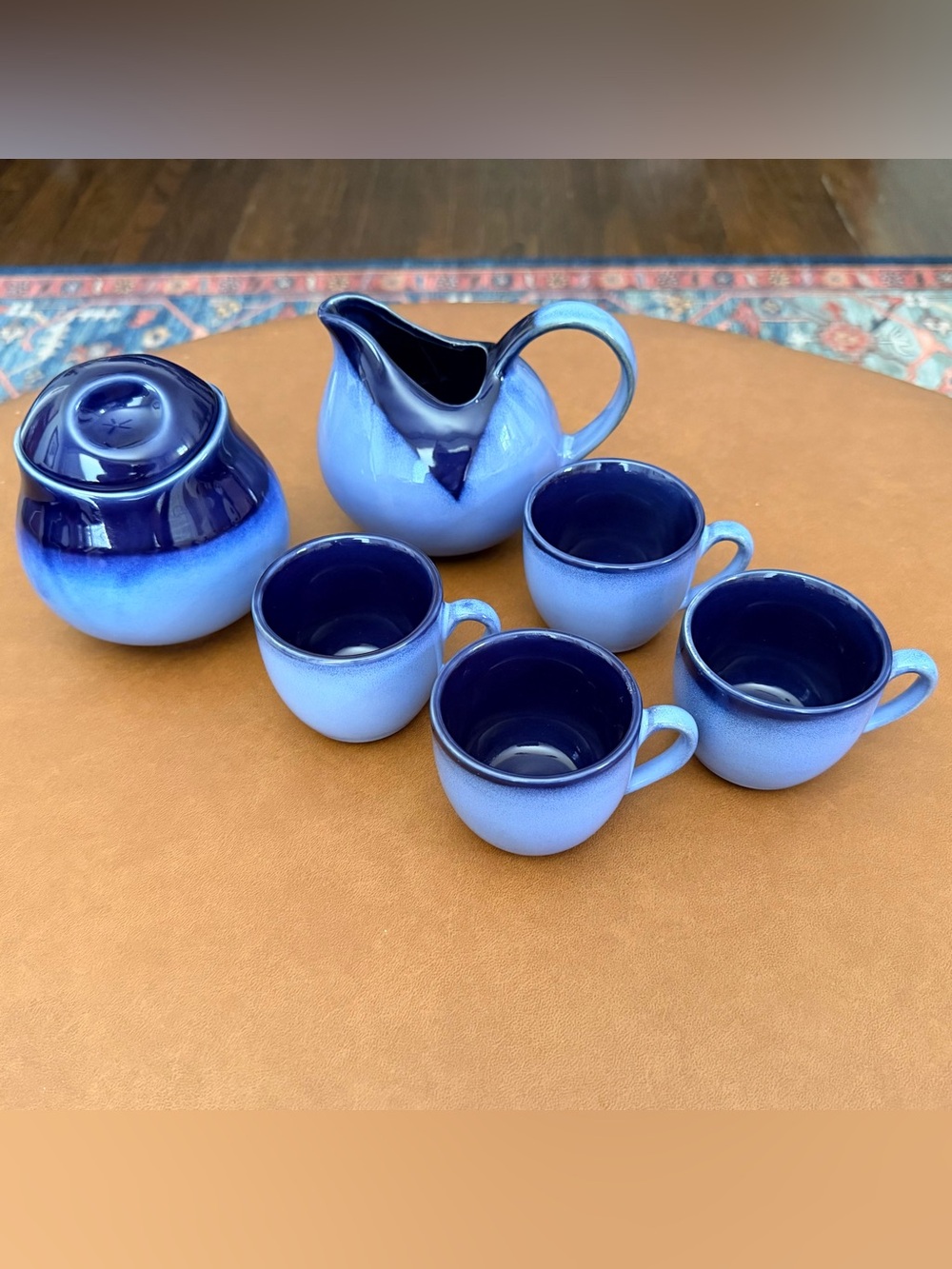 Sango Blue Ombre Ceramic Creamer, Sugar Bowl and 4 Cups